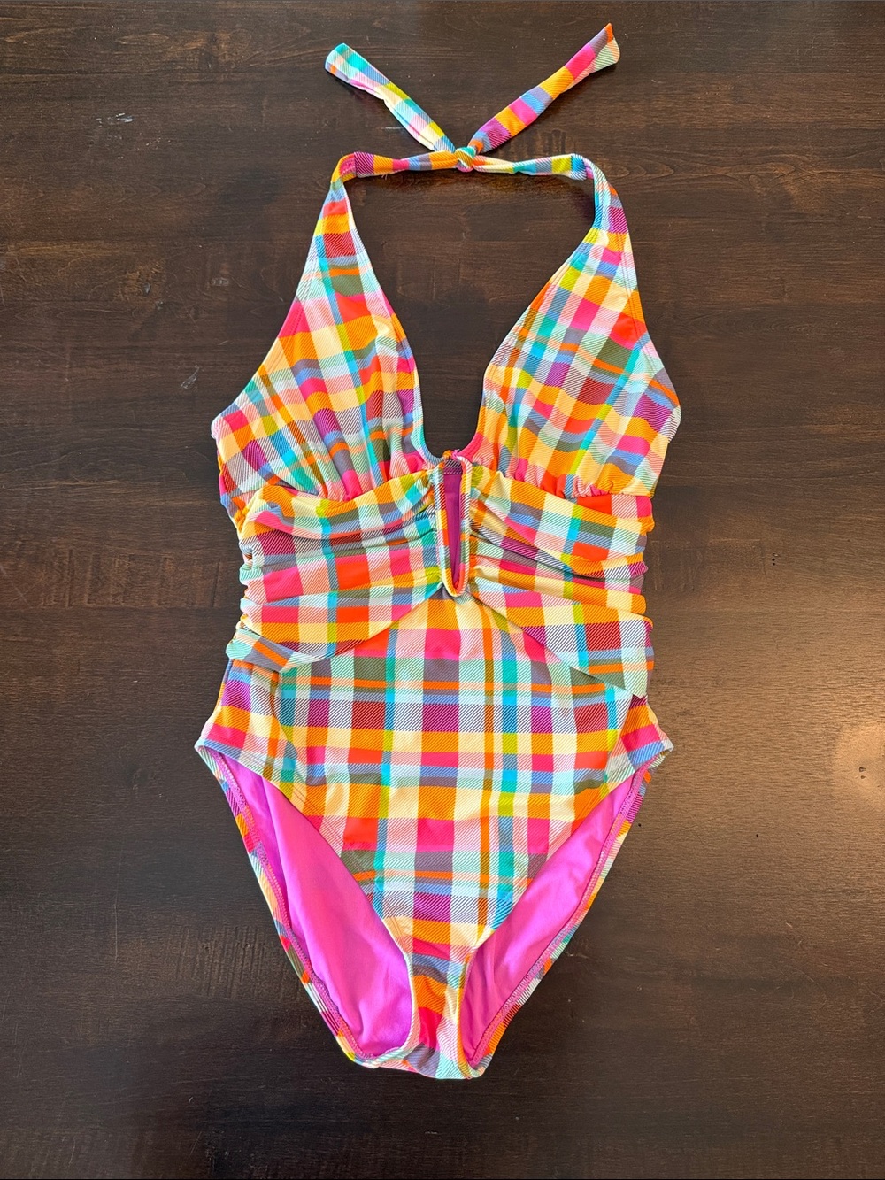 Woman’s Multicolor Plaid One-Piece Swimsuit - Pink Lined - Size: M